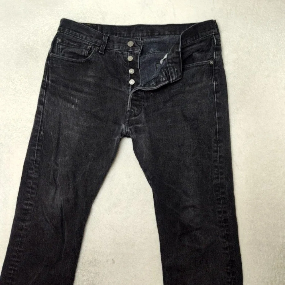 Levis 501 Jeans Mens 34x29 Black Straight Charcoal Wash Distressed Button Fly